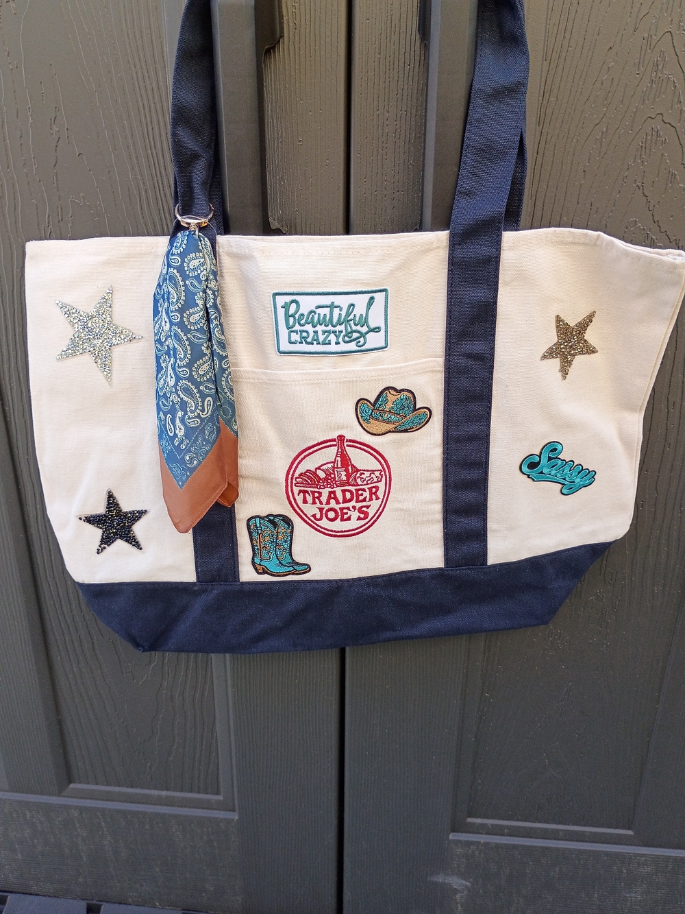 Trader Joe's Canvas Tote Bag with Custom Patch Details